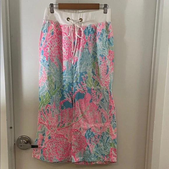 Lilly Pulitzer lets Cha Cha Linen Palazzo beach Pants coral print Small - Picture 3 of 9